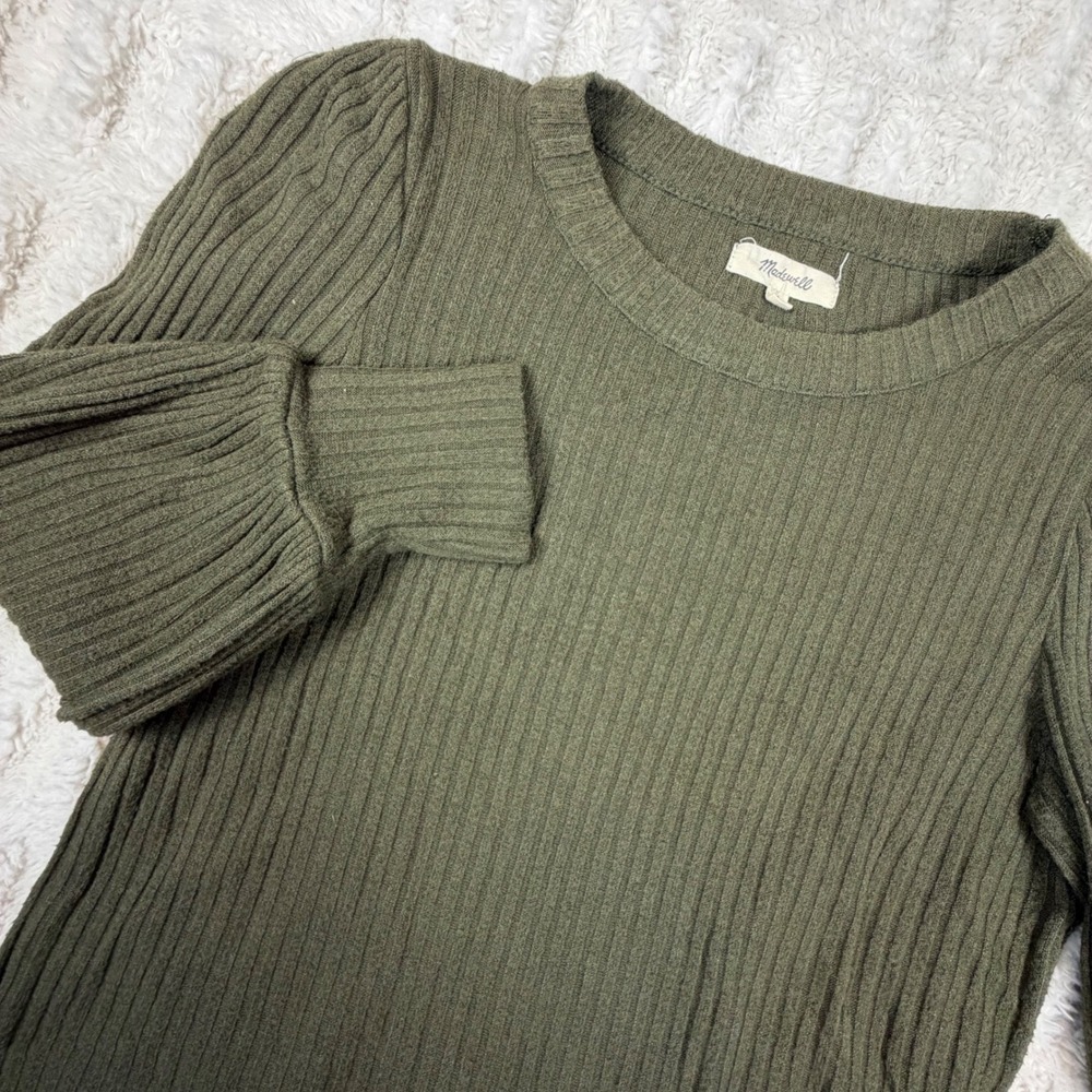 Madewell Olive Green Ribbed Puff Sleeve Balloon Sleeve Knit Top Small